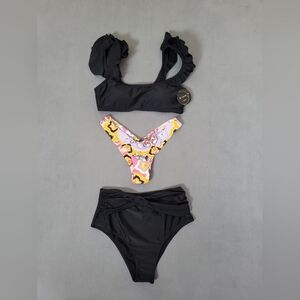 Mooncore Women's 3 Piece Bikini Set High Waist Ruffle Shoulder Swimsuit Medium